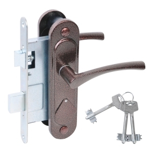 Замок врезной сувальдный с защёлкой в комплекте с ручкой ЗВ9.2-07 (медь антик), 3 кл.